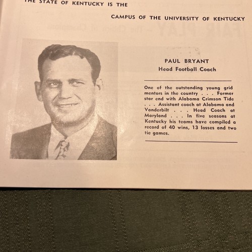 Orig. 1951 Paul Bear Bryant Kentucky @ Georgia Tech Official Program Near Mint - Picture 5 of 7
