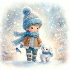 Handmade WINTER WALKS #3 Boy w. Dog 8x8 Craft or Quilt Cotton Fabric Block