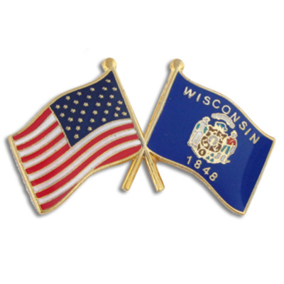 PinMart's Wisconsin and USA Crossed Friendship Flag Enamel Lapel Pin