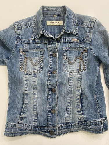 HYDRAULIC Girl's L Cropped Stretch DENIM BLUE JEAN JACKET Distressed Cute ! - Picture 5 of 7