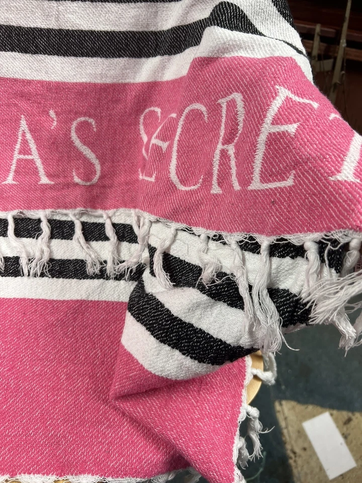 Victoria's Secret Pink Black White Stripe Throw Blanket Towel Fringe 41" x 56" - Image 2 of 4