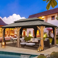 Domi 12'X 20'Hardtop Double Roof Gazebo Canopy,Wood Frame Gazebo w/Net&Curtains