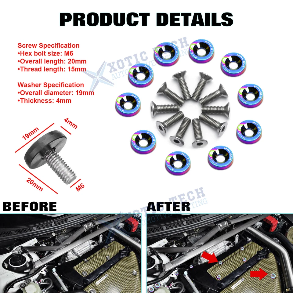 10x JDM Billet Aluminum Alloy Fender Bumper Washer Engine Bay Screw Bolts Kits - Image 2 of 4