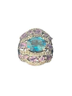 Sima K Gemstone  London Blue Topaz Amethyst Sterling Silver Statement Ring Sz 8