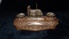 French antique Art Deco copper double inkwell showing Notre Dame in Paris Eifel