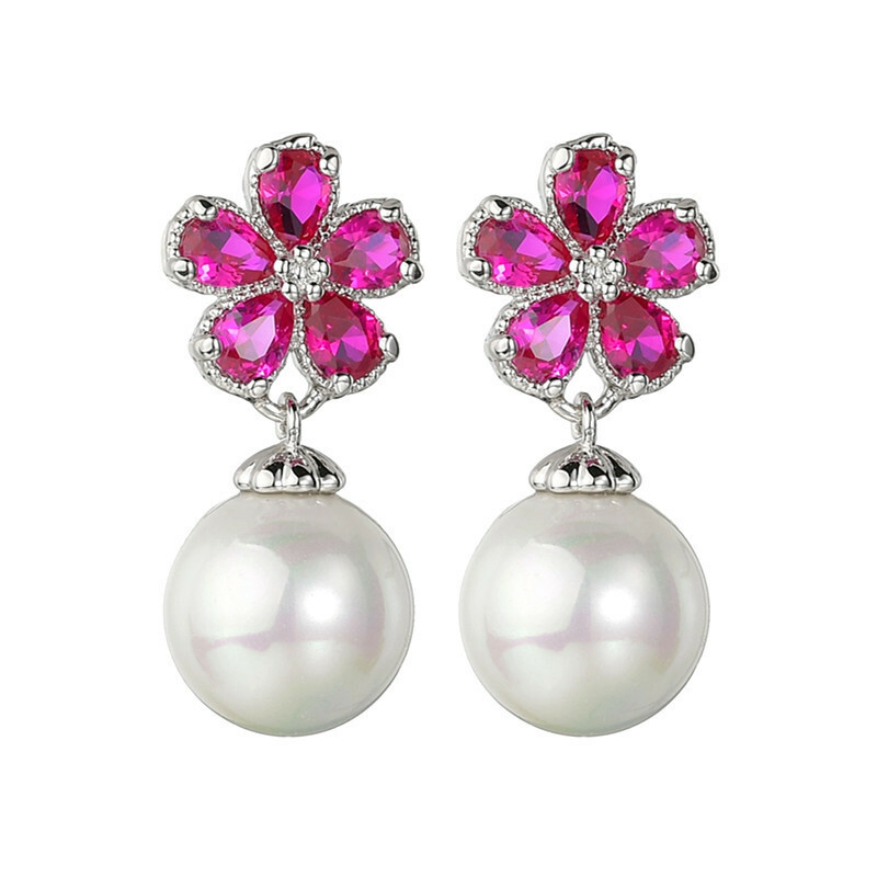 ピアス Flash Pearl Silver Pink Earrings Sparkling Hot Pink Fuchsia CZ 10mm White Pearl Sterling