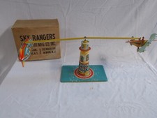 Vtg Unique Art SKY RANGERS Tin Wind Up Toy Airplane Zeppelin w/ Box, ca 30s