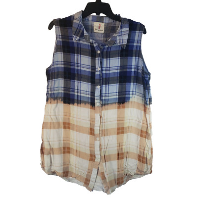 Boho Jane Womens Take the Bull by the horns Blue Orange Plaid Sleeveless Western