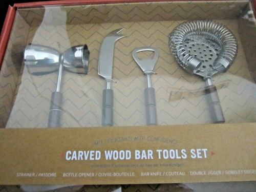 NEW west elm Carved Wooden Handle Bar Tools strainer jigger knife bottle opener - Picture 3 of 5