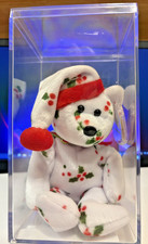 Ty 1998 Holiday Teddy - White Red Green Beanie Baby - With Santa hat