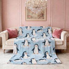Printed Penguin Soft Warm Flannel Fleece Throw Sherpa Blanket O6X1