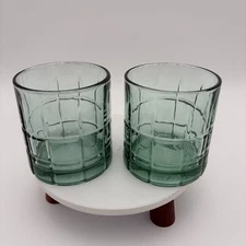 2 Anchor Hocking Tartan Emerald Green Teal Old Fashioned Lowball Juice Glass