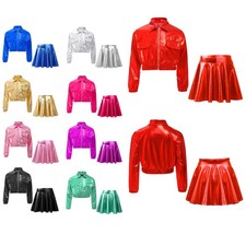 Kids Girls Skirt Suit Long Sleeve Outfit A-line Skirt Dance Costume Zipper Set