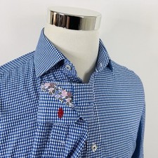 Robert Graham 15 33/34 Dress Shirt Blue White Knit Plaid Paisley Trim Cotton
