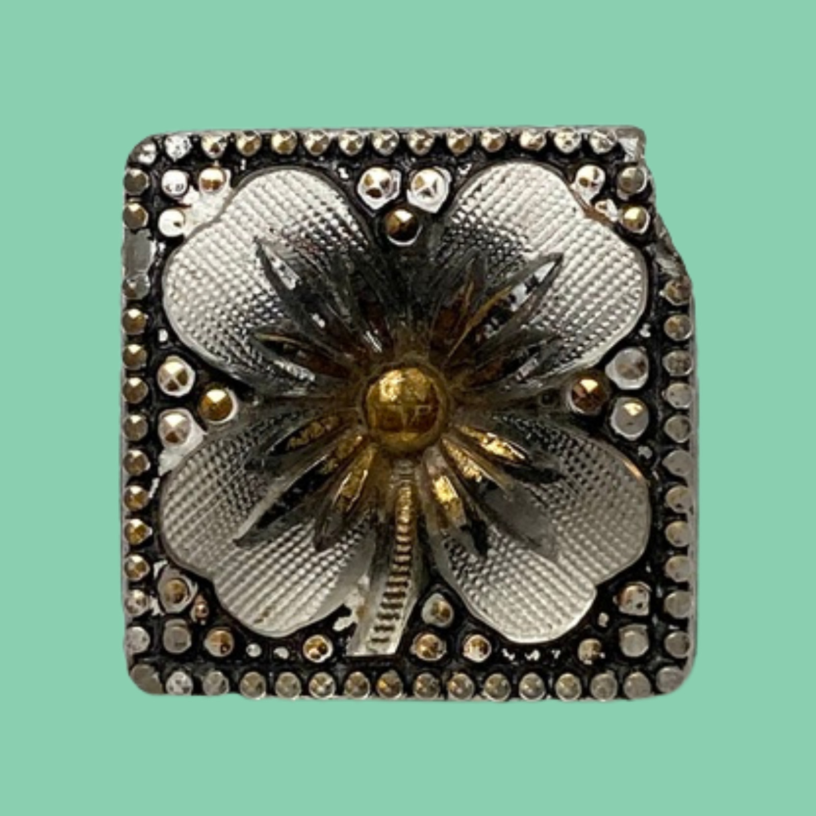 Scarce Square 19thC Lacy Glass Pictorial Clover Button in Need of a Good Home