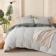 Green King Comforter Set Striped 100 Soft Washed Microfiber Jacquard 3 Pieces S