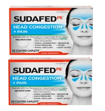 2 Pack Sudafed PE Non-Drowsy Head Congestion & Pain Relief 20 Caplets Fast Ship