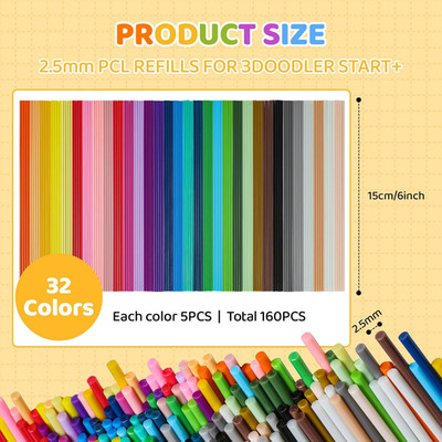 32 Colors 3D Pen Refills Pack for 3Doodler Start+ 3D Pen, 2.5Mm PCL Filament ...