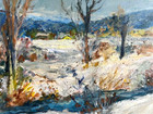Original Acrylic Painting, Winter Fields Landscape 12x9in Nature Art, Snow Scene