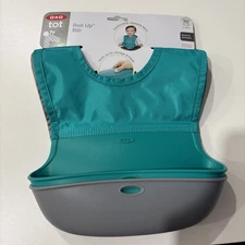 New OXO Tot Roll Up Bibs 2 Pack Grey/Teal  Easy Feeding Cleanup Washable   