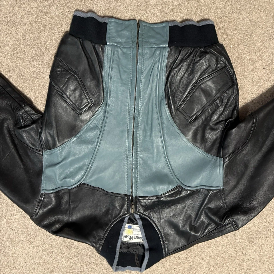 Vintage Pioneer Wear Leather Bomber Jacket Southwest L Black & Teal Green - Image 3 of 4
