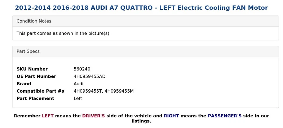 AUDI A7 QUATTRO 2012-2014 2016-2018 - Motor ventilador eléctrico izquierdo Foto 3 de 4