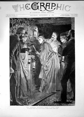Antiker alter Druck Prinzessin Beatrice Down Kohlebergwerk Kohlepflückung Wynnstay 1889