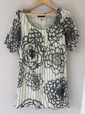 Antik Batik Floral Dress UK S 8 10 Boho Cotton Grey Cream Floaty Short Sleeve