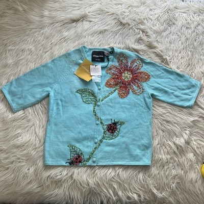 Michael Simon Vintage Ladybug Flower Embroidered Beaded Cardigan Sweater Blue S