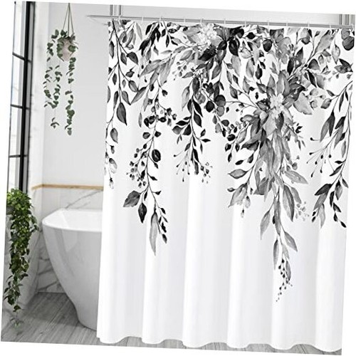 Black and White Eucalyptus Shower Curtain, Grey Watercolor Plant Leaves with