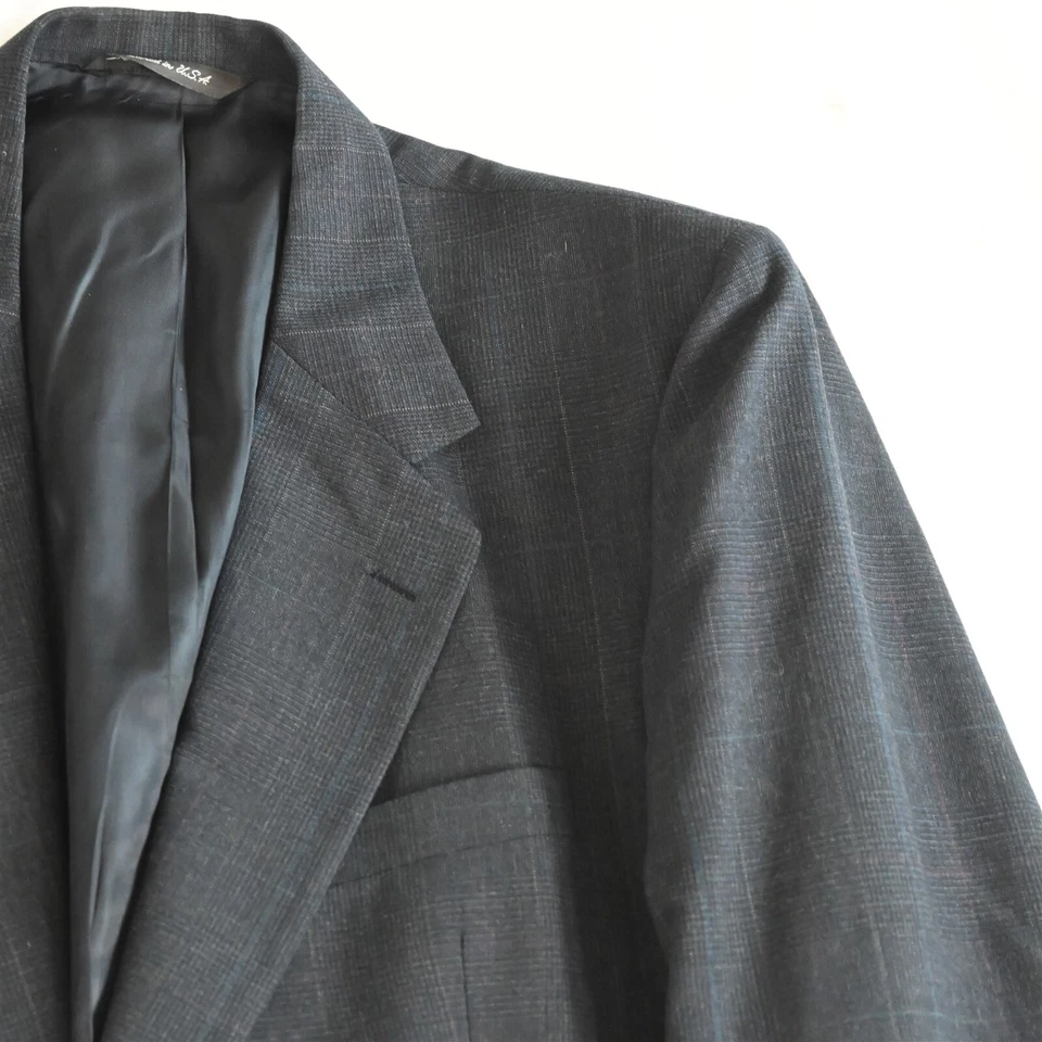 Vtg USA Made 42L 36x34 Navy Blue Glenn Check Wool Mens Jacket Pants Suit - Image 2 of 4