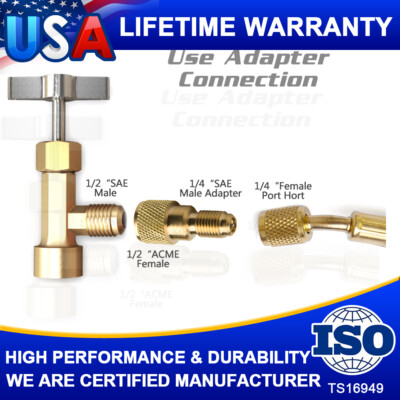 A/C Refrigerant Tank Adapter Valve Can Tap 1/4'' SAE Male to 1/2'' ACME Female Kit