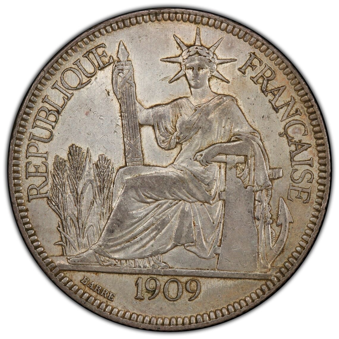 1909 French Indo China Piastre PCGS AU55 Silver Coin 1P