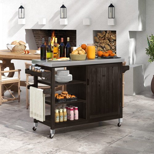 Solid Wood Outdoor Storage Cabinet Movable Grill Cart w/ Stainless Steel Top