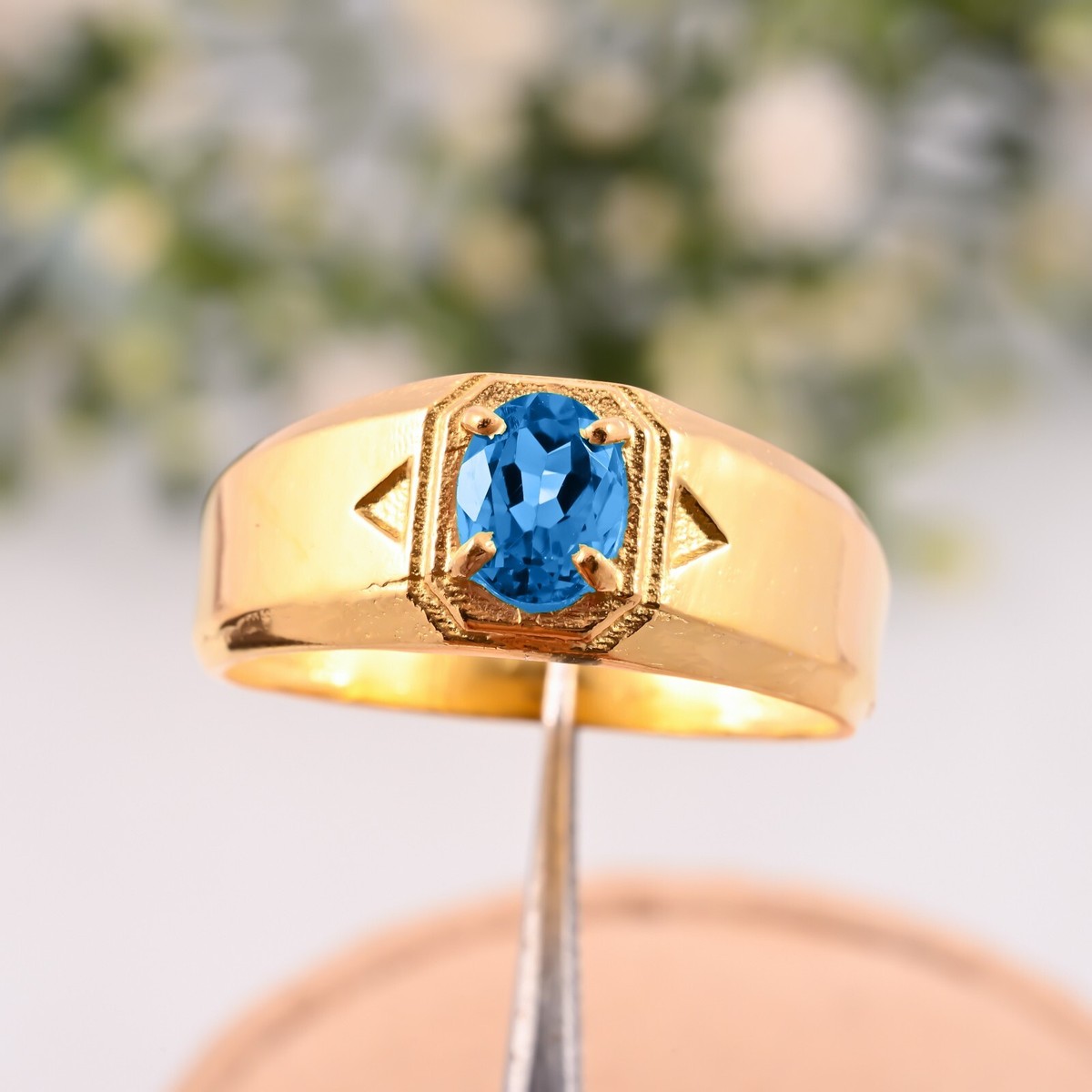 Sky Blue Topaz AAA Quality Ring 925 Sterling Silver Gold Plated Men's Gift 
