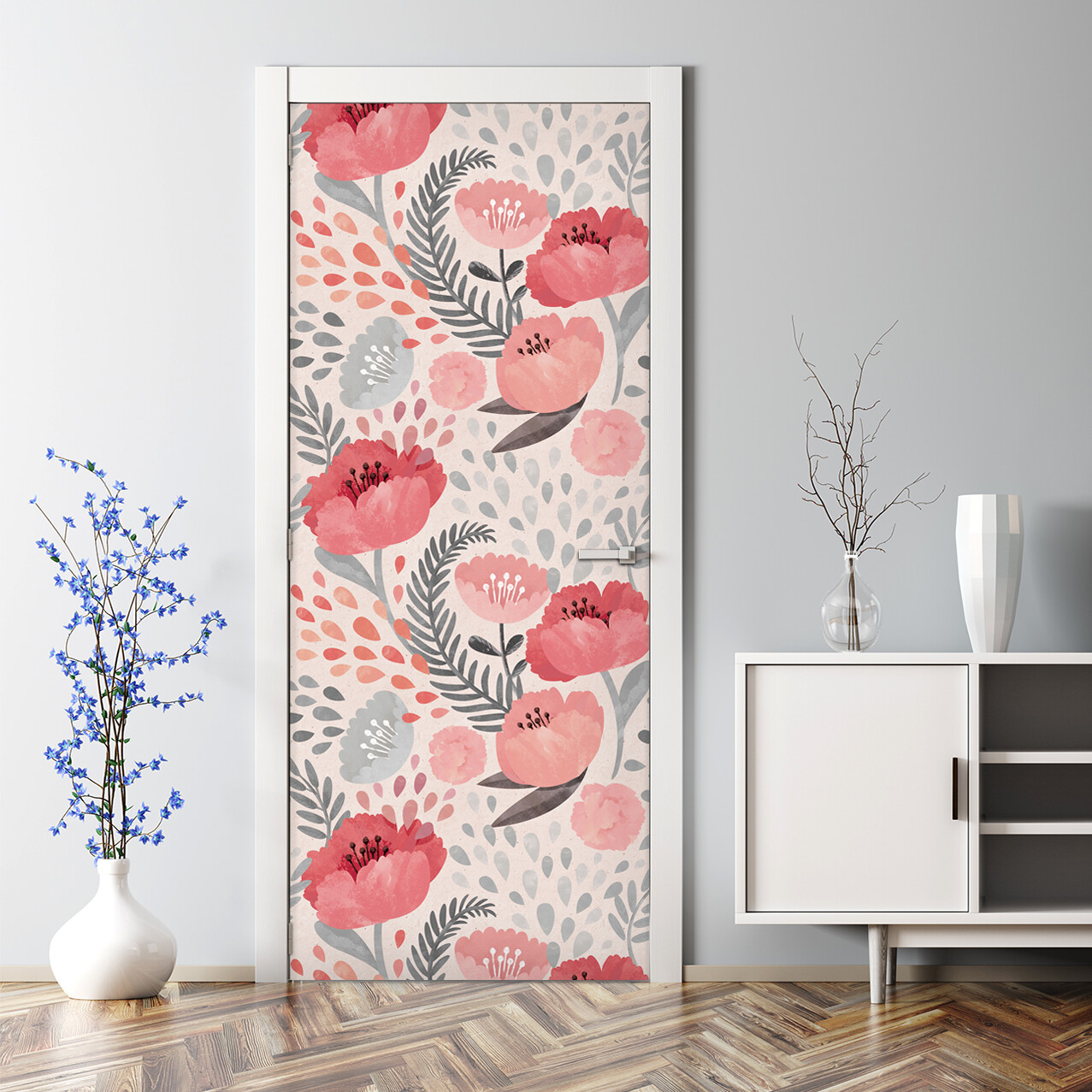 Shabby Poppy wall decor Floral Decal Peel and Stick Door Wrap Bubble Free