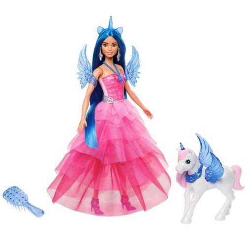 Barbie unicorno giocattolo, bambola 65 ° anniversario con capelli blu abito rosa e alicorno per animali domestici - Foto 8 di 10