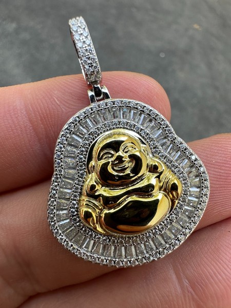 Alternate view of Buddha Pendant Real Moissanite Solid 925 Silver 14k Gold Plated Iced Necklace