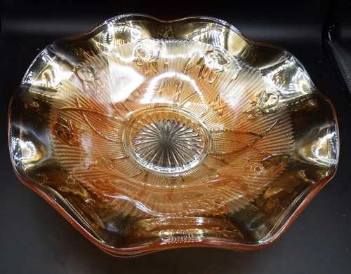 2 Jeanette Carnival Glass Bowl Iris & Herringbone Ruffled Edge 11.5" EXC!