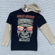 Harley-Davidson Youth Sz 8-10 Hoodie Shirt Long Sleeve Black  Beige Skull