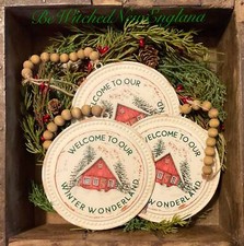 Set 2 -Christmas Red Barn Ornament Rustic Metal Hanger Ornament Wood Beads