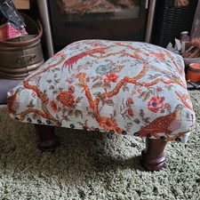 Vintage Upholstered Footstool Buttoned Ottoman Stool Floral Fabric Wooden Birds