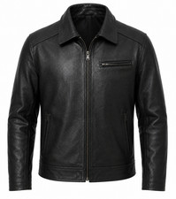 Men's Black Genuine Leather Jacket Casual Zip Shirt Collar Classic Motorcycle