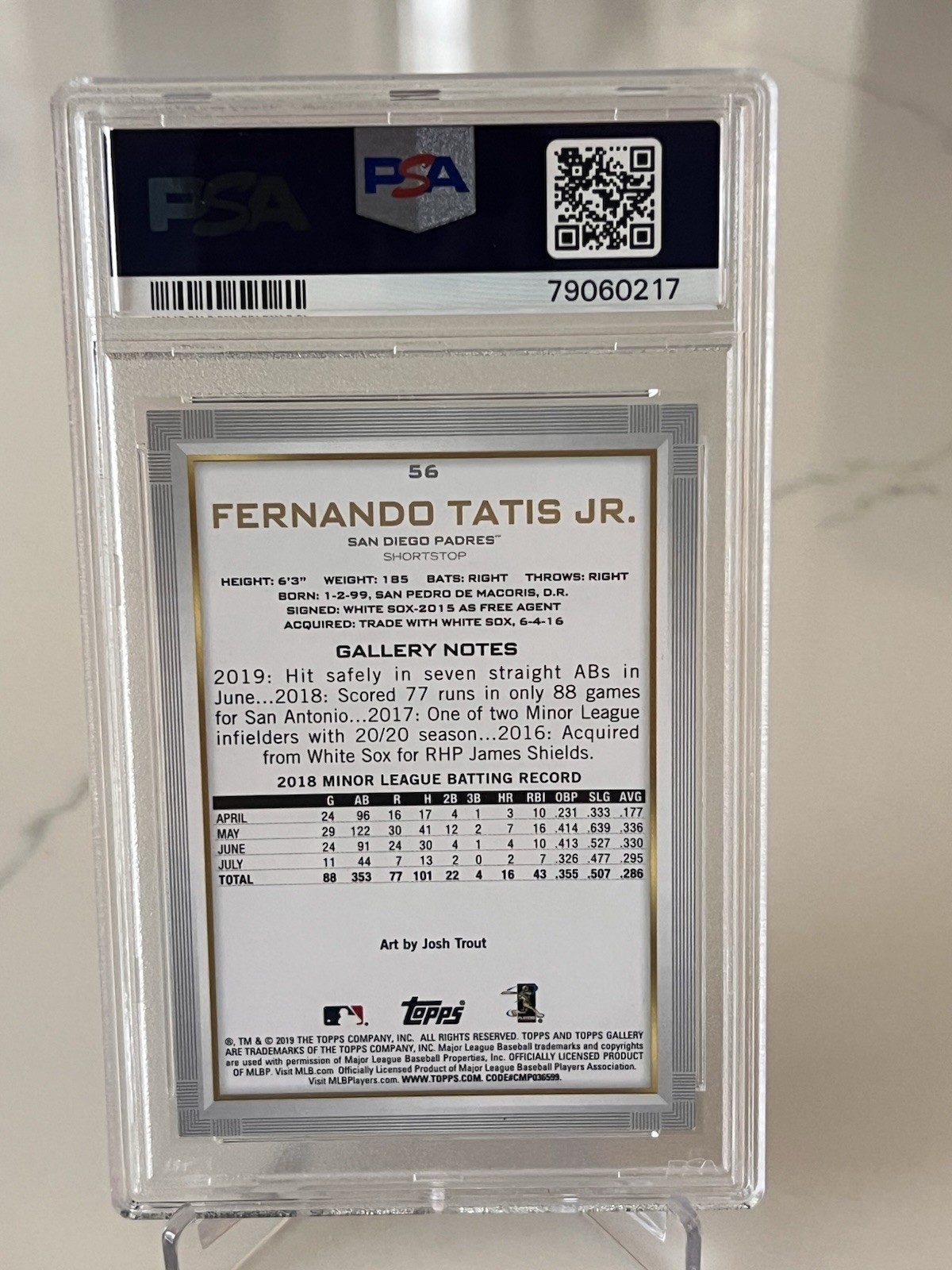 Topps 2019 Gallery Fernando Tatis Jr. #56 RC Base San Diego Padres PSA 9 view 2