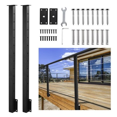 Black Side Mount Cable Railing Post 38 Inch 38''x2''x2'' Level Drilled Space-Saving
