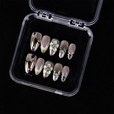 10pcs Nude Brown Green Almond Nails 3D Floral Gradient High End Acrylic