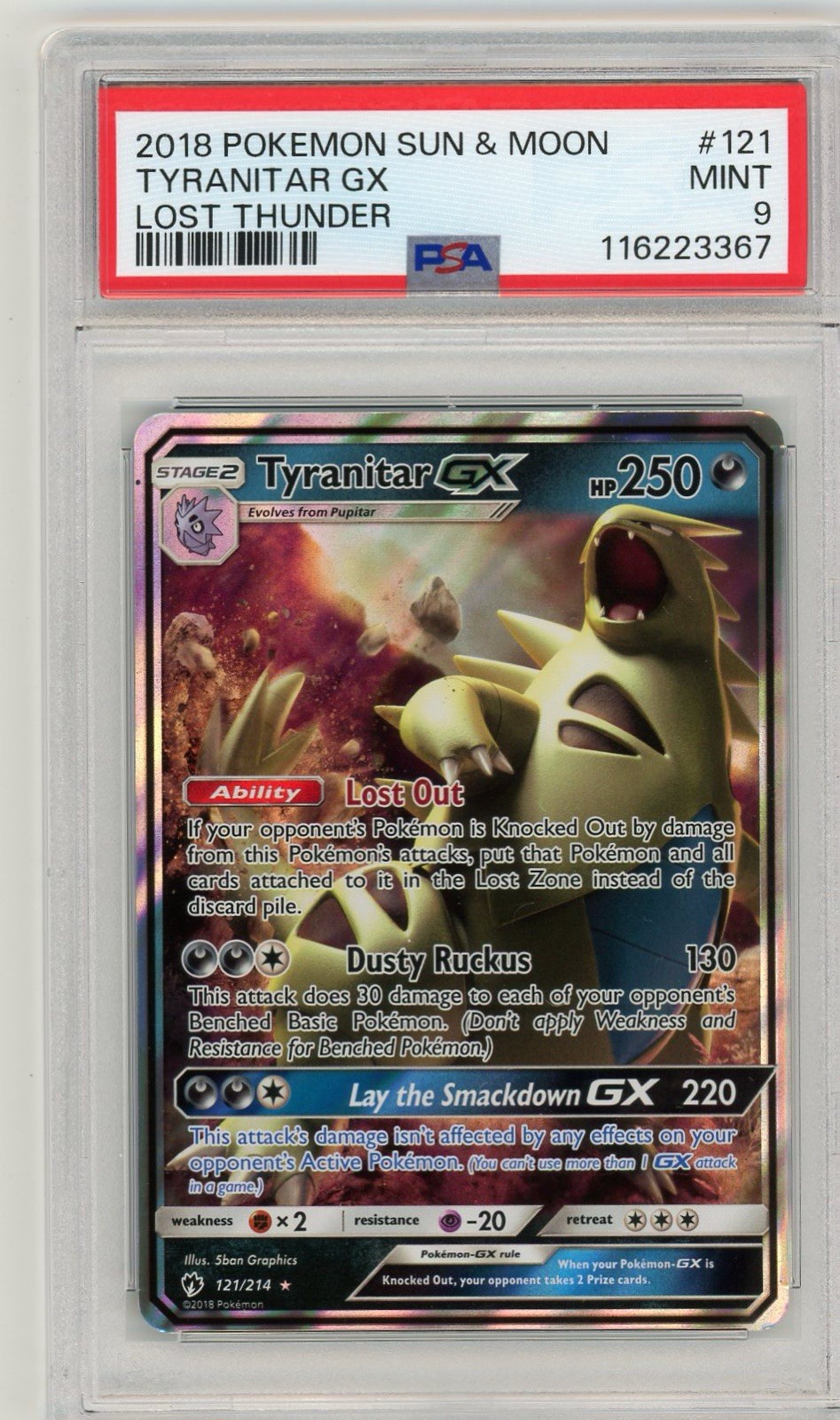 2018 Pokemon Sun & Moon Lost Thunder Tyranitar GX #121 PSA 9 Mint