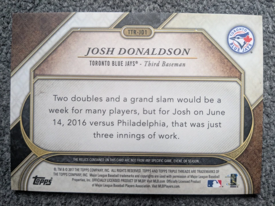 2017 TOPPS TRIPLE THREADS JOSH DONALDSON TRIPLE THREAD RELICS#TTR-JD1#D23/36 - Image 2 of 2