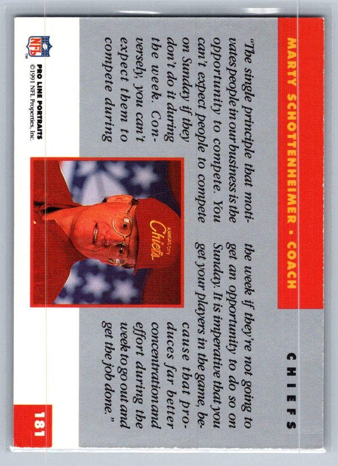 1991 Pro Line Portraits Football #181 Marty Schottenheimer - VG - Chiefs - Image 2 of 2