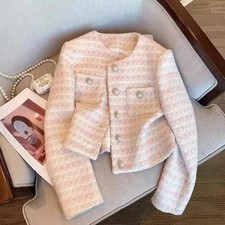 Long Sleeve Top Knitted Cropped Tweed Jacket Women Coat Elegant Fashion Style UK